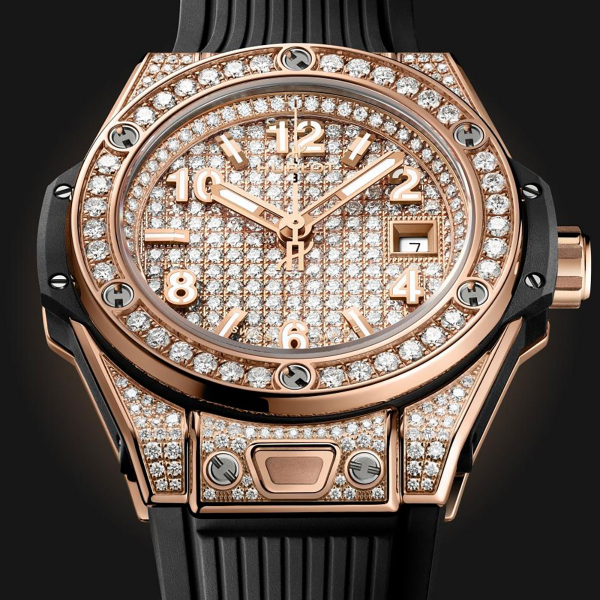 Hublot One Click King Gold Full Pave 33mm Watch 485.OX.9000.RX.1604
