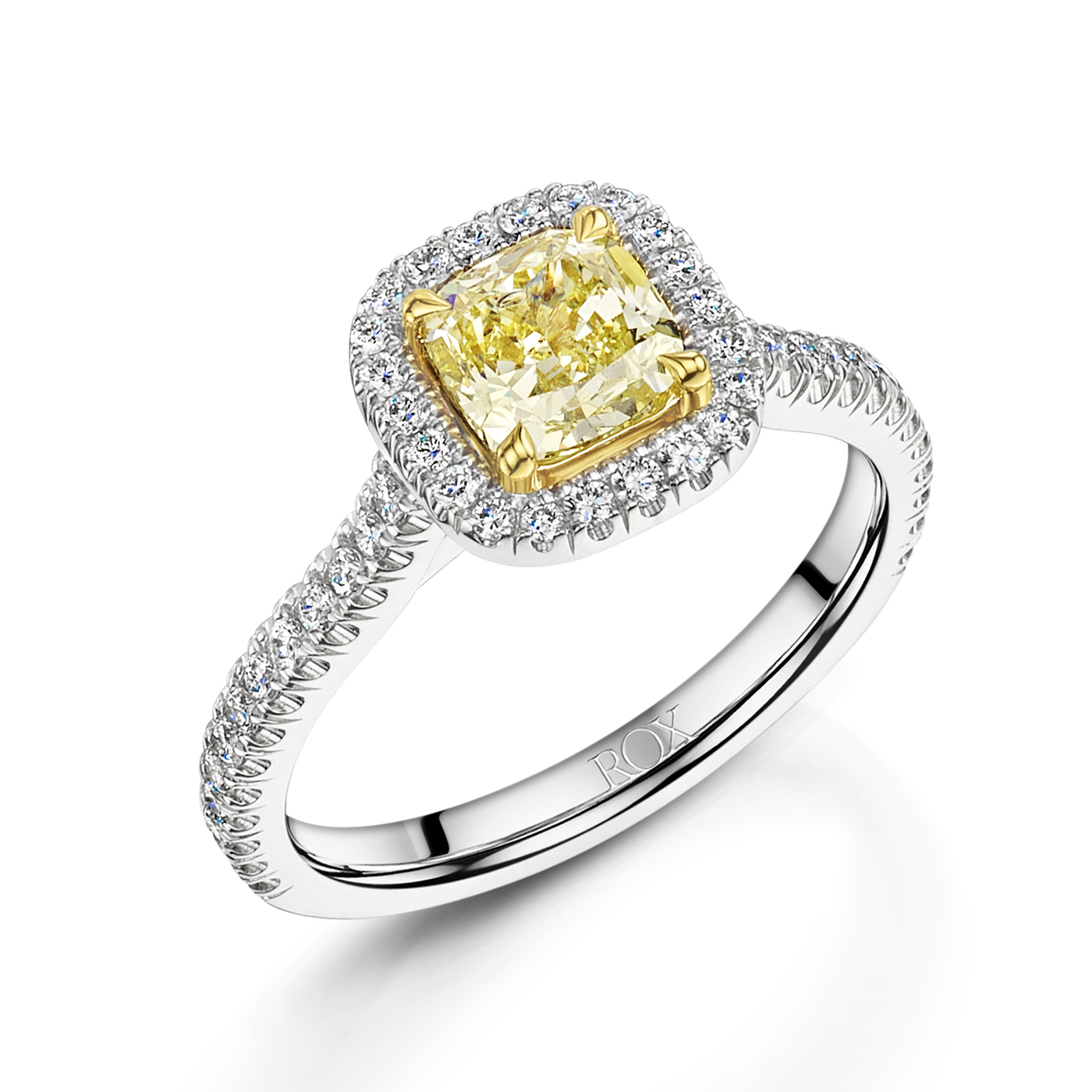 Love Cushion Yellow Diamond Halo Ring in Platinum